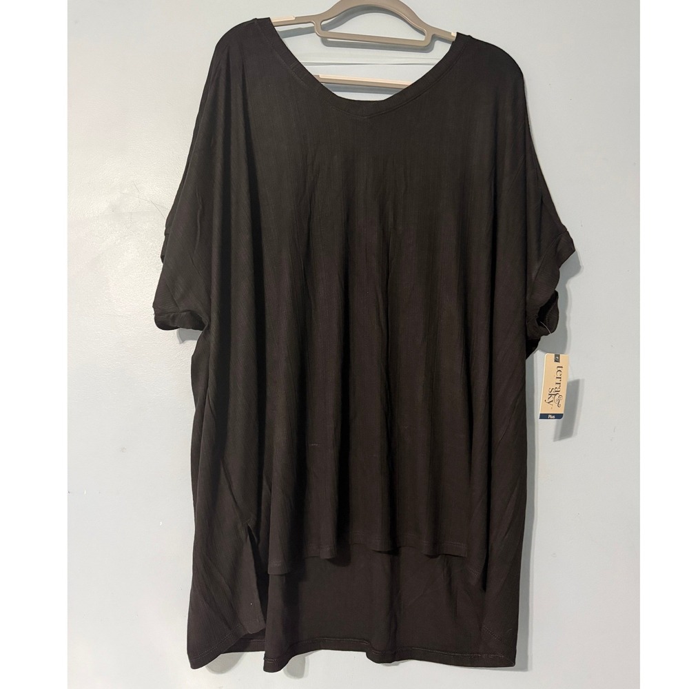 Terra & Sky Women's 4X Black Soot V-Neck Ribbed Tunic Tee 2432